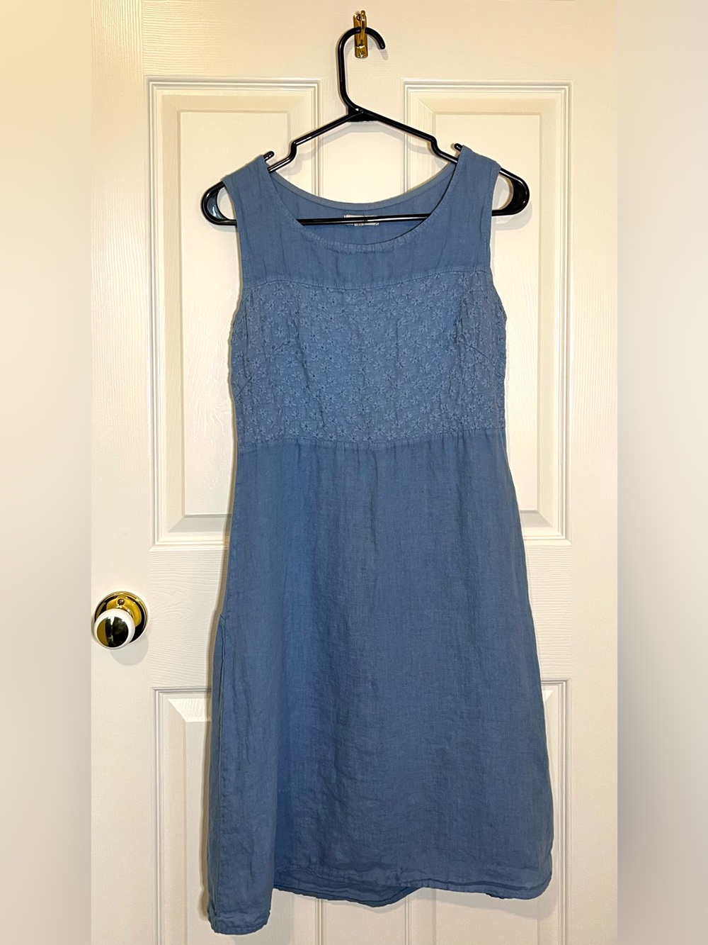 Sleeveless Blue Linen Dress with Embroidered Bodice